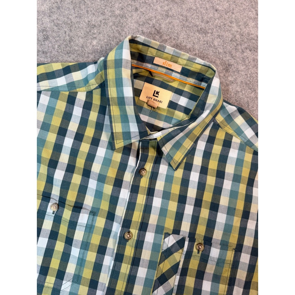 Life Khaki Haggar Slim Fit Plaid Button Down Shirt Mens XL Long Sleeve
